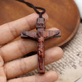 Jesus Cross Wooden Necklace - Brown wood with detailed carving