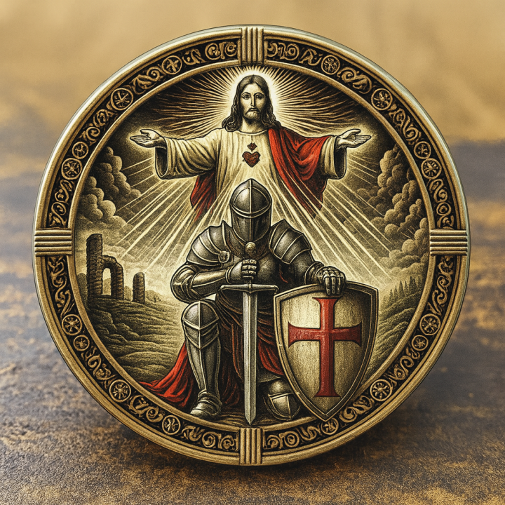 Knight Templar Prayer Coin - Front view with knight kneeling in prayer